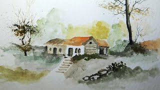 Lukisan cat air  :  pemandangan rumah