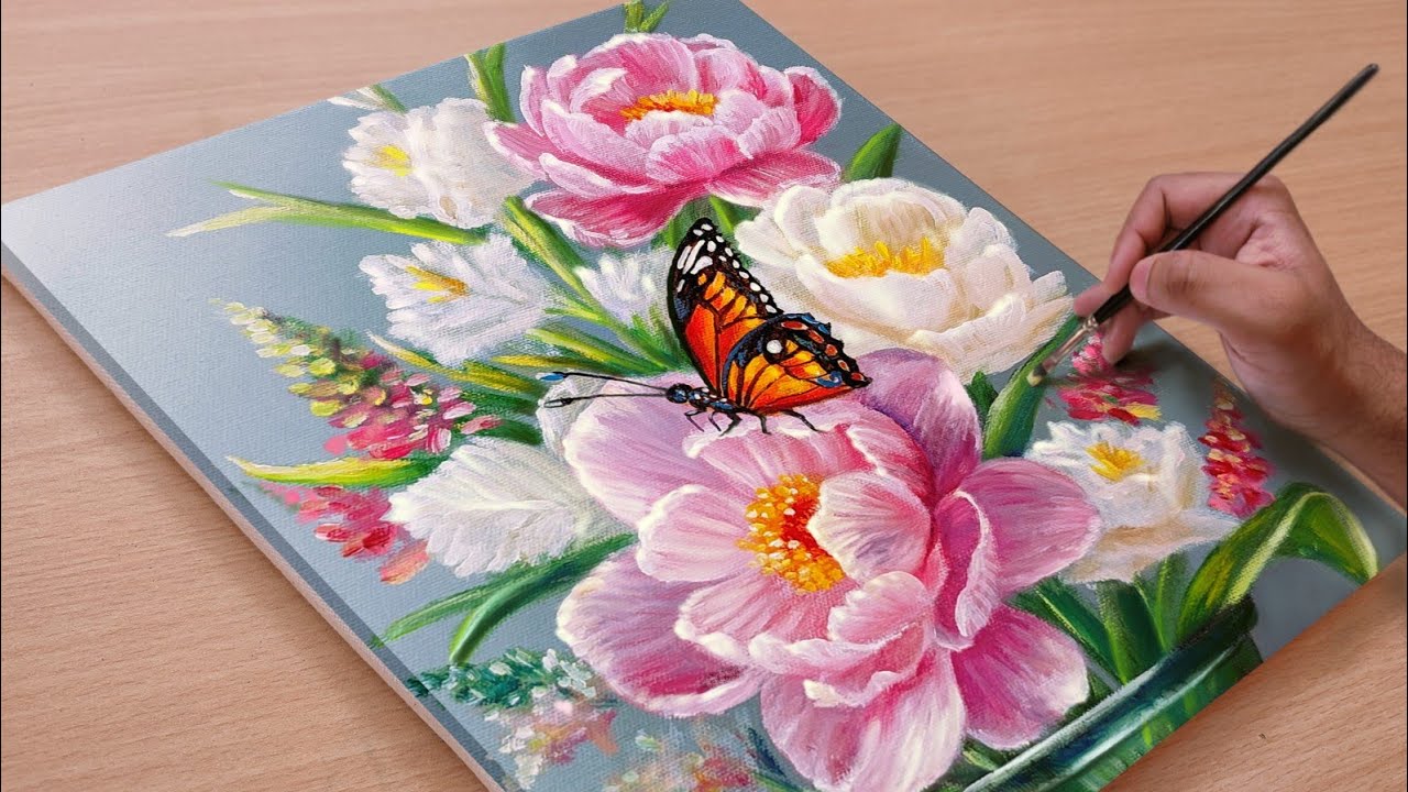 Painting a Beautiful Vibrant Flower Bouquet in a Vase / Acrylic painting / Art paintings