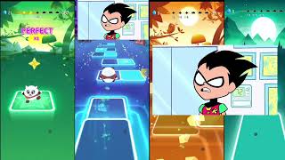 Teen Ans Coffin Dance Robin Vs Starfire Vs Raven Vs Cyborg Tile Hop Challenge
