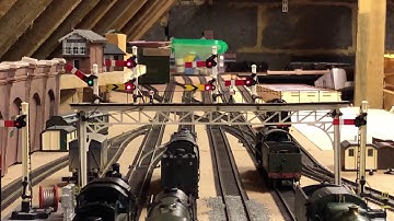 Hornby signals. Handbuilt semaphore signal gantry now upgraded to MegaPoints control.