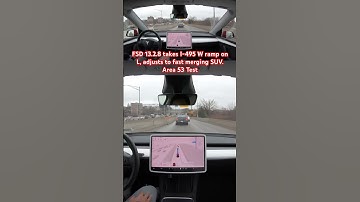 FSD 13.2.8 takes I-495 W ramp, adjusts to fast merging SUV. Area 53 Test #teslafsd #fsdbeta #fsd