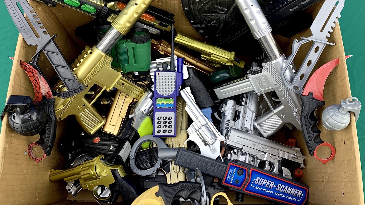 Police Toy Guns Team! Box of Guns and Equipments, Tec 9 Gold and Silver Collection YouTube