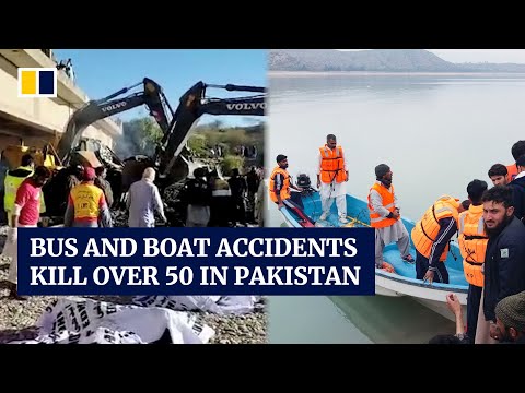 Bus crash and boat capsizing on same day in pakistan kill at least 51 people including 10 children