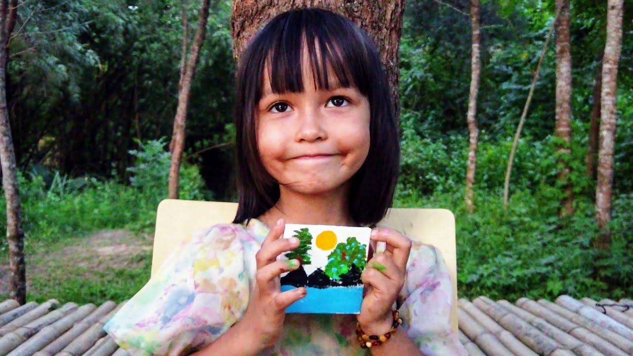 5-year-old kid artist painting a beautiful natural landscape┃Acrylic painting on canvas┃Mia Mai Art