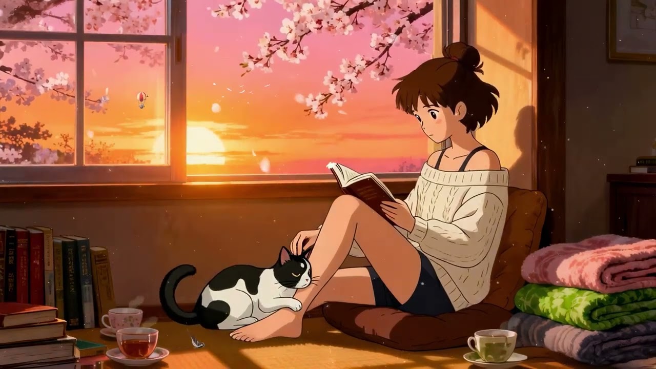 Cherry's Reading by the Window 🌸 Dreamy Lofi Beats for Studying & Relaxing 🐱 Sunset Vibes
