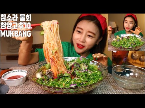 SUB]매운 참소라물회 청양고추10 먹방 MUKBANG Spicy <strong>Cold</strong> <strong>Raw</strong> Fish Soup  Cheongyang red pepper10