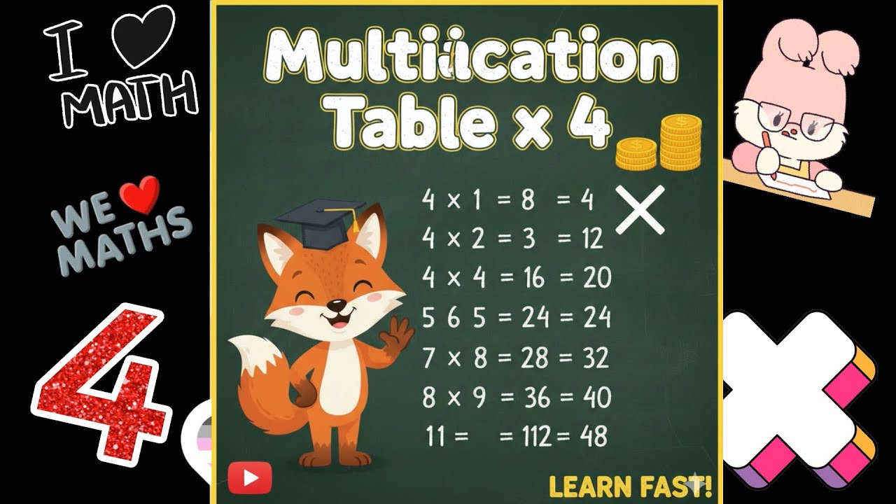 جدول ضرب 4 باللغة الأنجليزية Multiplication table 4