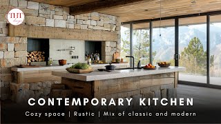 Contemporary kitchen made of natural stone and wood creates a rustic feel close to nature