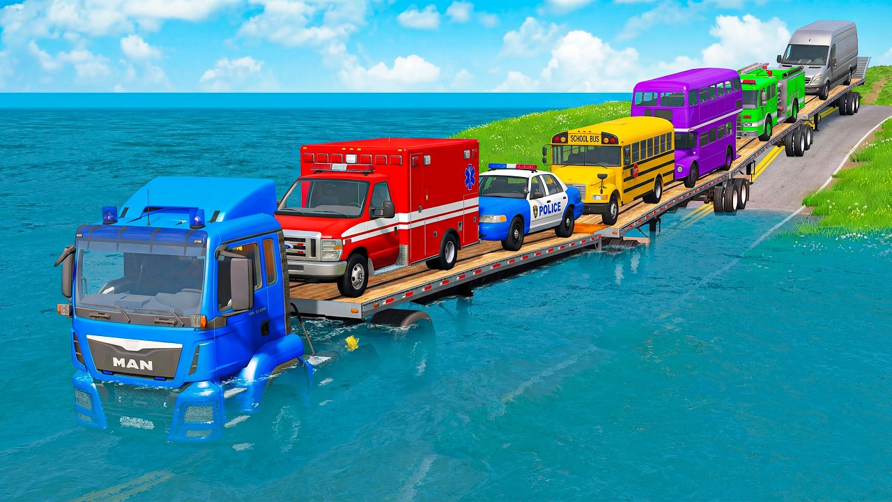 Double Flatbed Trailer Truck vs speed bumps|Busses vs speed bumps|Beamng Drive #37