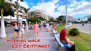 Morning walk Los Cristianos beach.  Tenerife. Video blog from Spain 4K