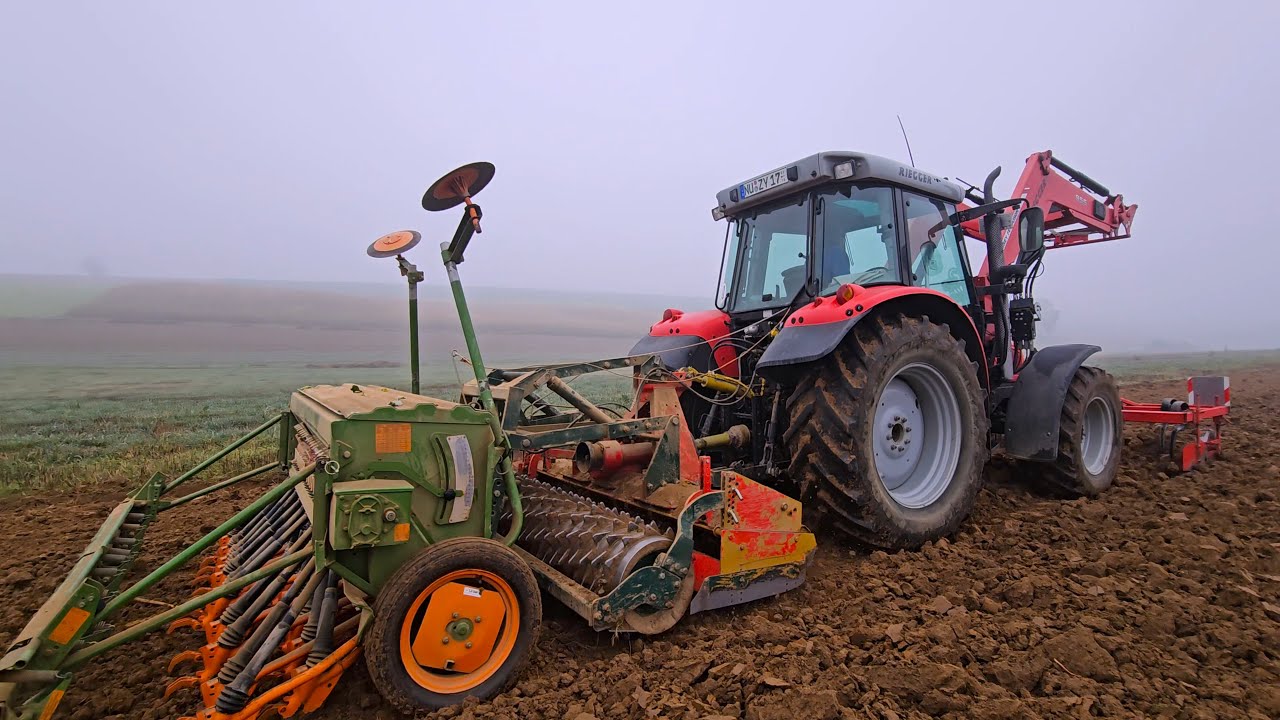MF 5455 Dyna-4 mit Kreiselegge Terramat TM 250 mit Amazone D8 25 Special beim säen am Nebeltag!