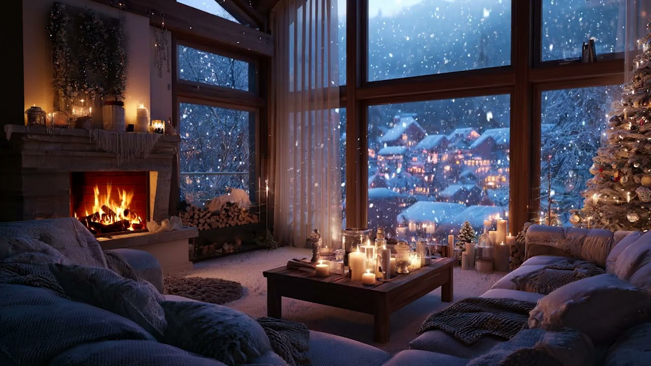 Silent Snowy Cabin Night | Warm Fireplace Ambience and Gentle Winter Snow