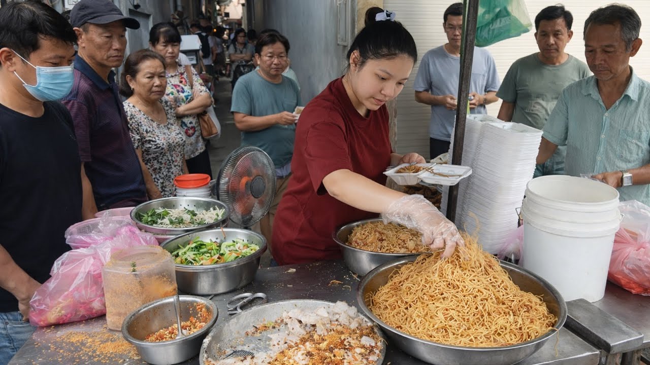 Em gái xinh đẹp gốc Hoa bán mì xào chay khách đông kín ở vỉa hè Sài Gòn