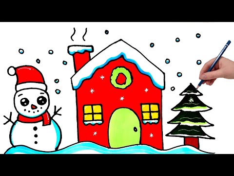 Kardan Adam Ev Ve Çam Ağacı Çizimi - Kolay Çizimler - Sevimli Resim Çizimleri