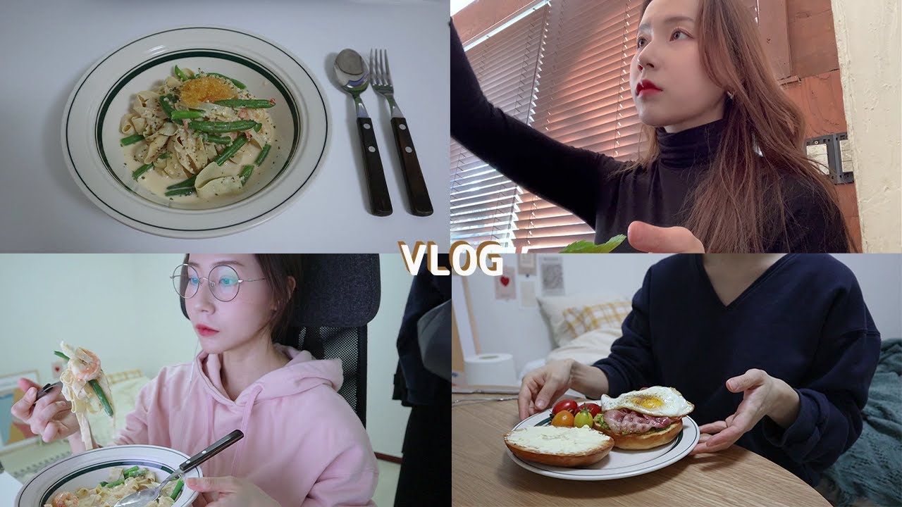 vlog) 먹방처럼 보이지만 사실 집에서 끊임없이 요리하는 일상🍳 l 꼬북칩 우유말먹, 두부면 날치알 파스타, 베이글 오픈 샌드위치, 불백정식, 망넛이네 찹싸루니, 아쿠아픽