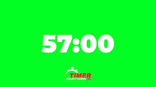 57-Minute Green Screen Timer | White Text Countdown with Alarm