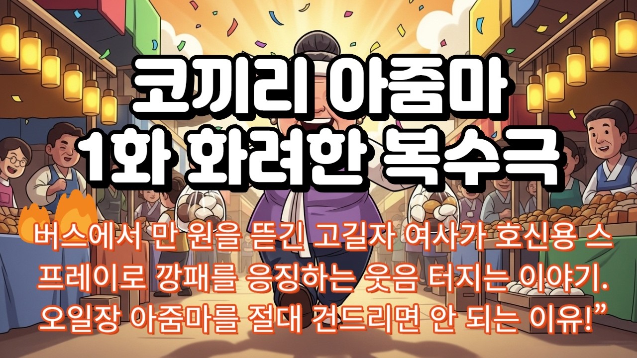 코끼리 아줌마 1화, 화려한 복수극, 배꼽 빠지는 이야기, 버스에서 만 원을 뜯긴 고길자 여사가 깡패를 응징하는 웃음 터지는 이야기. 오일장 아줌마를 절대 건드리면 안 되는 이유!