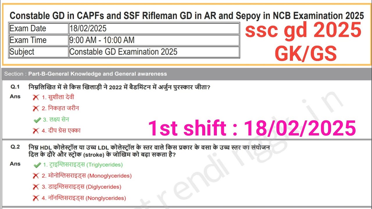 SSC GD Exam 2025 | 18 February 1st Shift Questions | GK/GS All Question ...