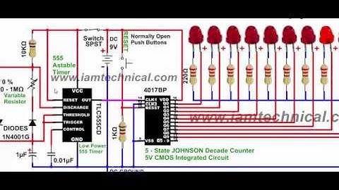 555 Timer Clock Pulses to 4017 Johnson Decade Counter With Variable Resistance Varying at 0 to 1MΩ