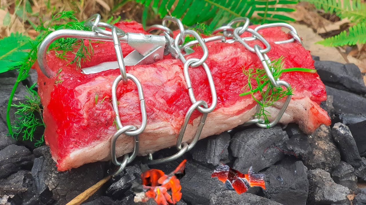 Cooking Grilled Beef Steak Wrapped in Chain | Forest ASMR Outdoor Cooking
