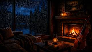 Rainy Window Night 🌧️ Cozy Fireplace & Deep Cello Ambience