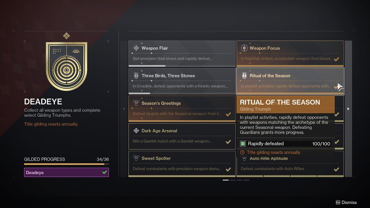RITUAL OF THE SEASON gilded Deadeye Triumph [Destiny 2 / Season 19]