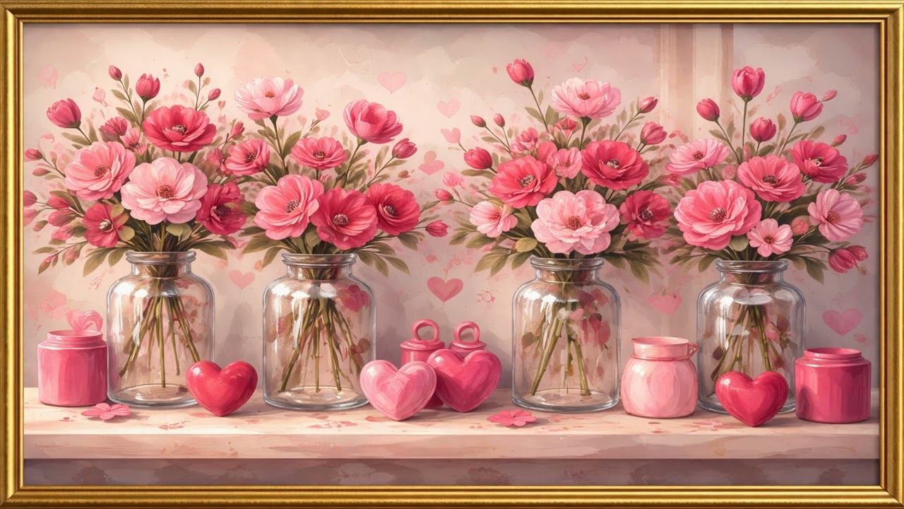 4K Floral Art Screensaver For Your Tv Elegant Pink Flowers Vintage Gold Framed Wallpaper