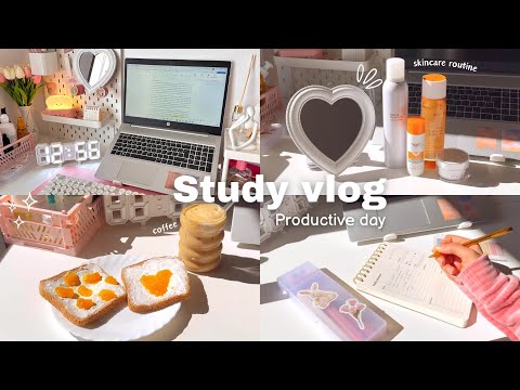 Study Vlog🥯| Aesthetic morning routine, skincare, spring flowers, lots of coffee, k-drama🌼