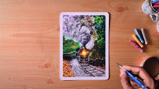 Oil Pastels Drawing for Beginners: Steam Engine Train and Colorful Nature Landscape - ∆RT Artistry