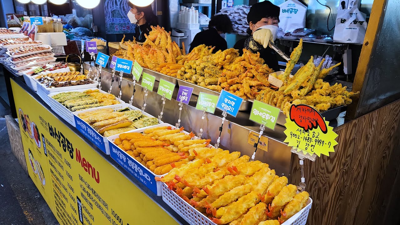 줄 서서 먹는 강릉 오징어 순대, 왕새우 튀김, 오징어 튀김, 강릉 중앙시장, Deep-fried jumbo shrimp ...