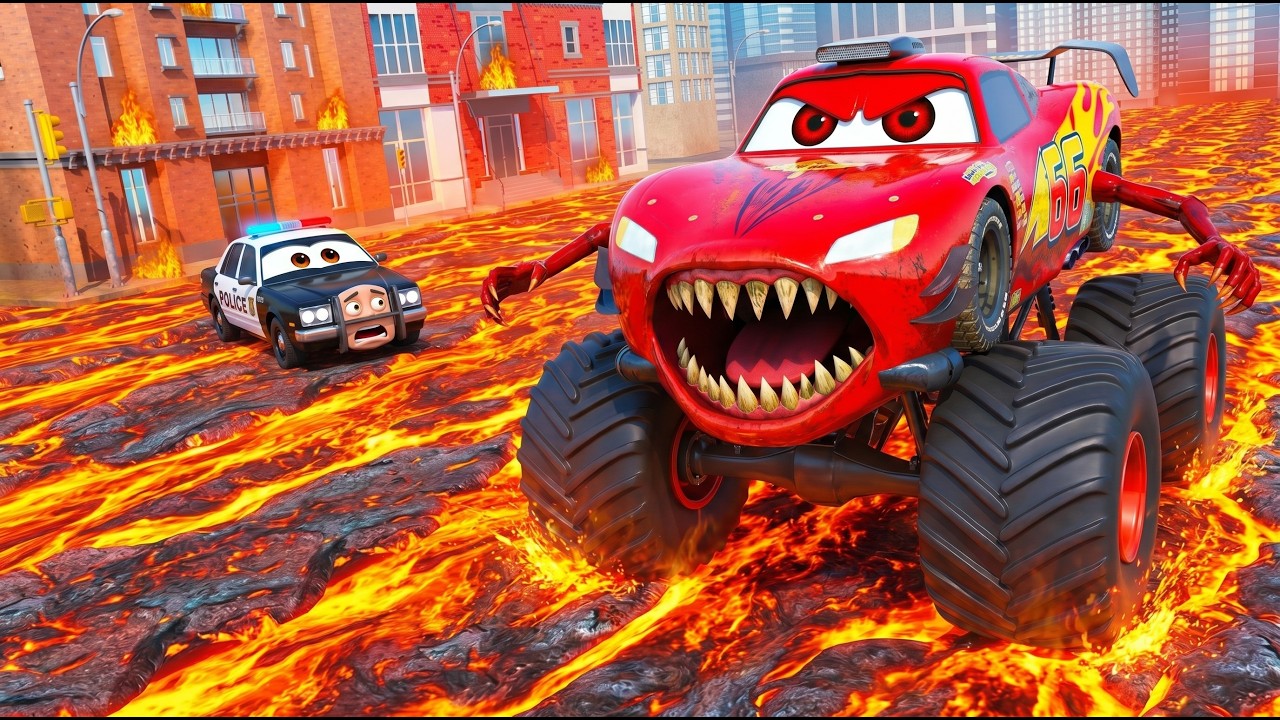 Lightning McQueen Monster Truck Eater Run Away On Lava Road | Hero