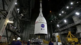 NASA Artemis missions progress, team lifts Orion spacecraft above rocket