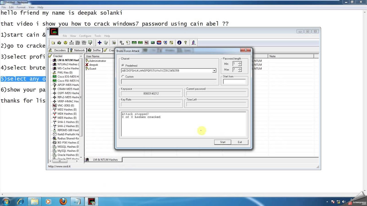 Crack Windows7 Password Using Cain Abel Software Youtube