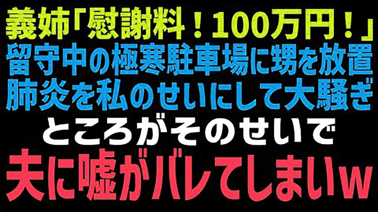 【スカッとする話】旅行中の我が家の駐車場に放置し、寒さで甥が肺炎に。私につかみかかる義姉「慰謝料よこせ！」→ところが義姉夫「え？保育園は？」義姉「しまった･･･」その結果ww【修羅場】【朗読】