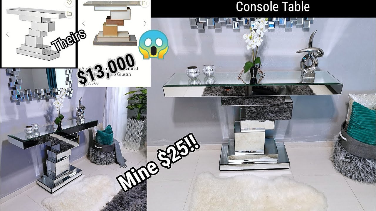 DIY Console Table using mirror contact paper, two high end tables, and a  door mirror. 