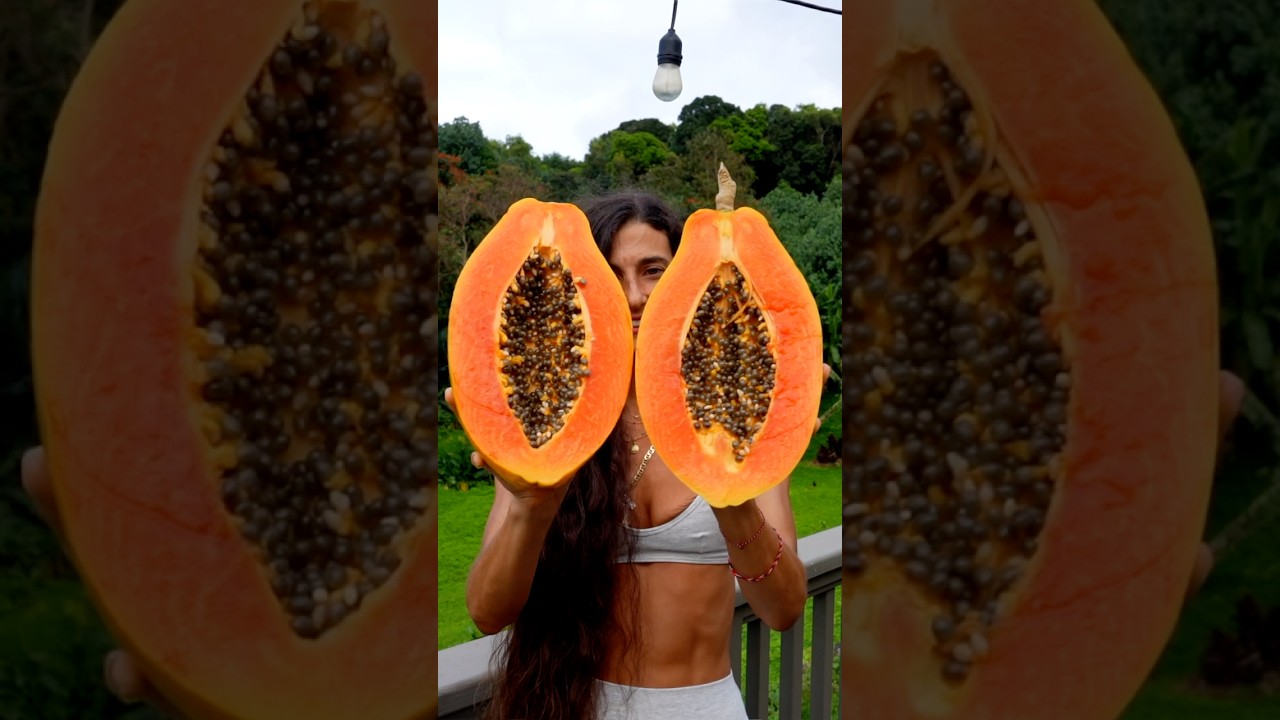 I can’t believe I grew this PAPA-YA! 🧡🌱👌🏽😮‍💨•#fullyraw #vegan #homegrown #papaya #gardening