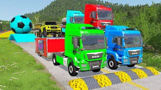 Double Flatbed Trailer Truck vs Speedbumps Train vs Cars | Tractor vs Train Beamng.Drive 050