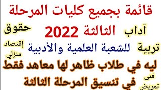 جميع كليات المرحلة الثالثة 2022 _ 2023 علمي وأدبي (رسمي),تنسيق كليات المرحلة الثالثة 2022