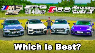 BMW M5 CS v AMG GT v Audi RS6 v Porsche Panamera: REVIEW \& 0-60mph, 1\/4 mile, brake \& drift test!