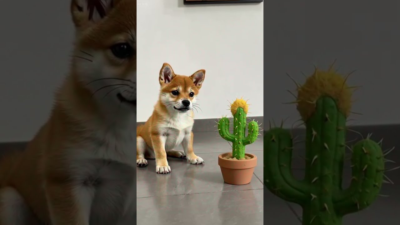 The Puppy Is Very Curious About Cactus Pot Toy