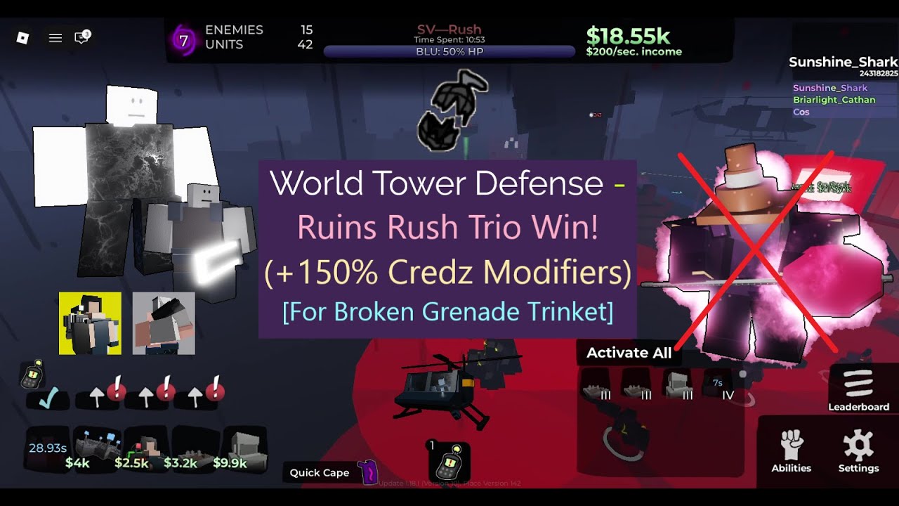 Ruins Rush Trio Win! (With +150% Modifiers) {For Broken Grenade} || [Roblox] World Tower Defense