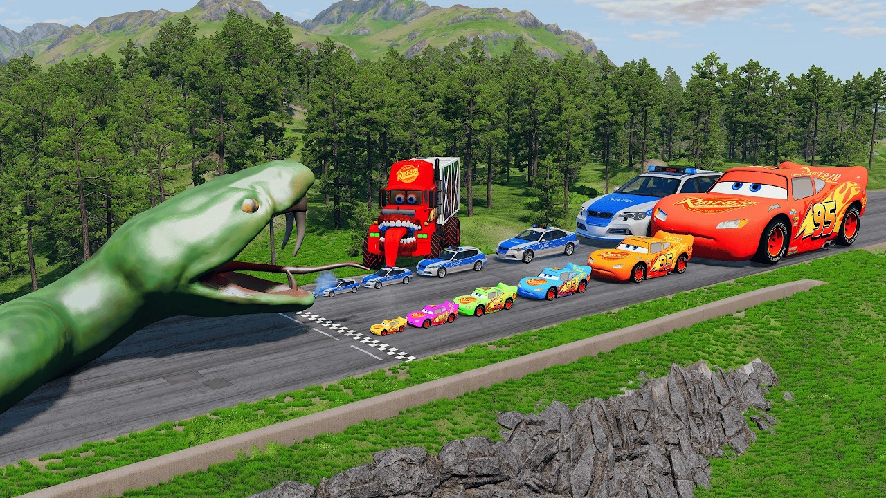 Big & Small McQueen & Police Car vs Giant Snake & Obstacle Downhill Race – BeamNG.drive