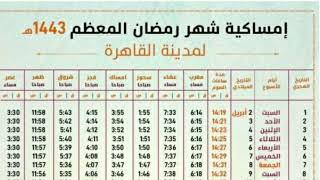 إمساكية شهر رمضان حسب التوقيت المحلي للقاهرة 2022م