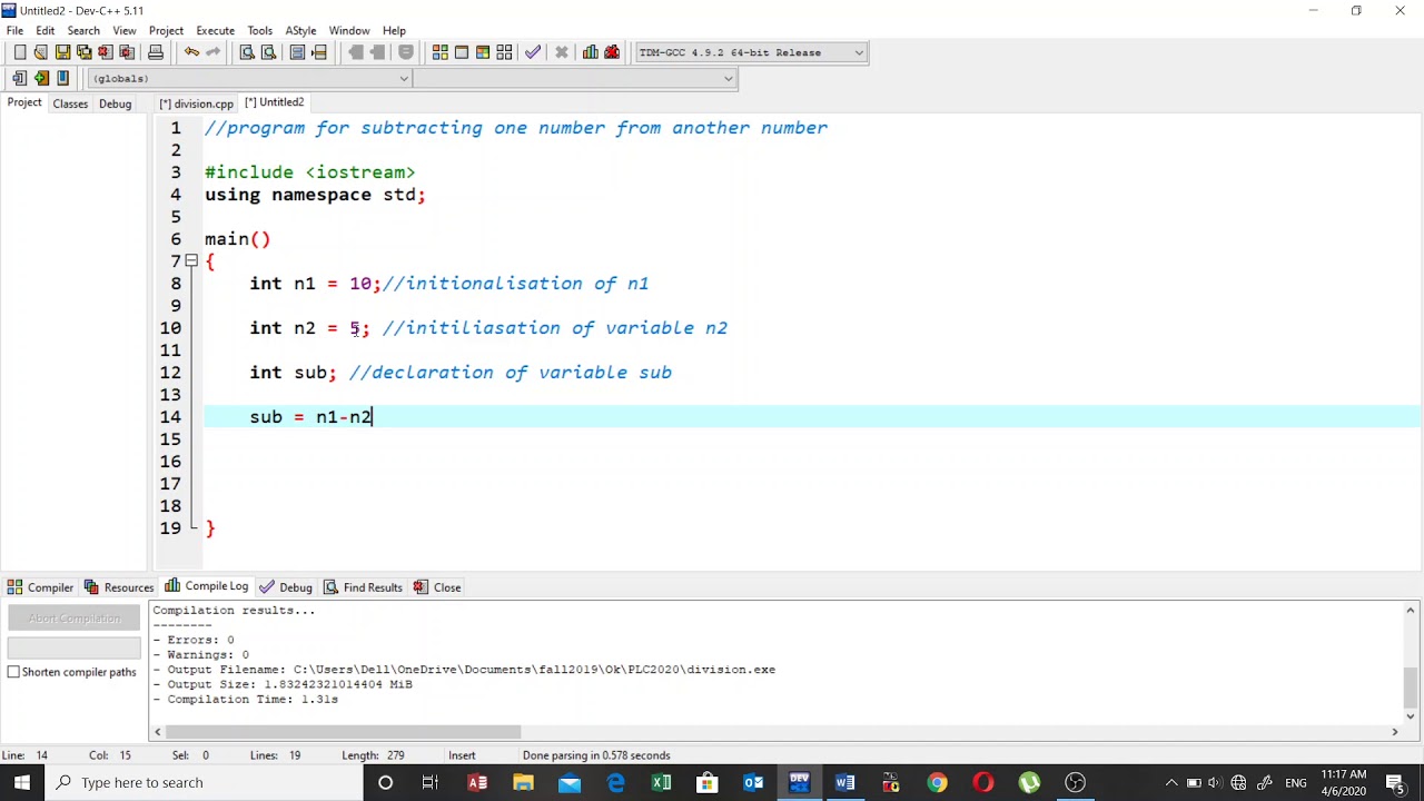 C++ program for subtraction - YouTube