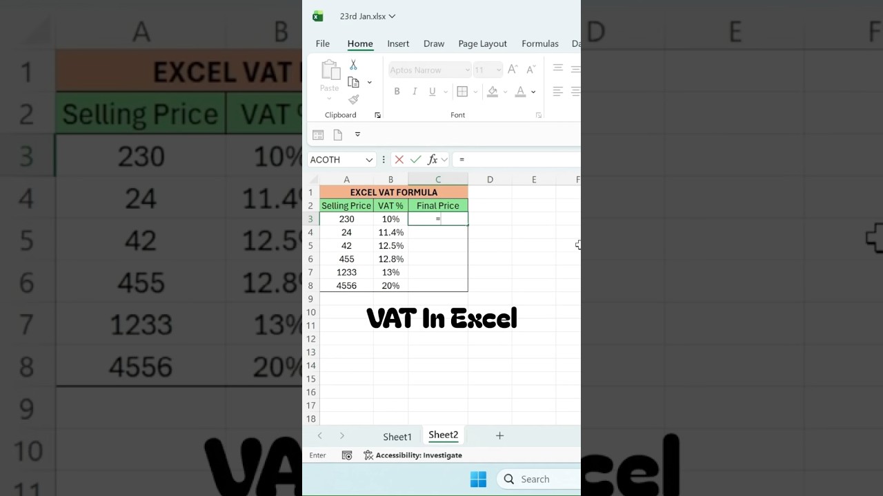 ⁣Calculate VAT in Microsoft Excel #exceltips #excelshorts