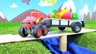 Blaze and Crusher the Monster Trucks for kids gather toy fruit | Videos for kids with toy trucks.