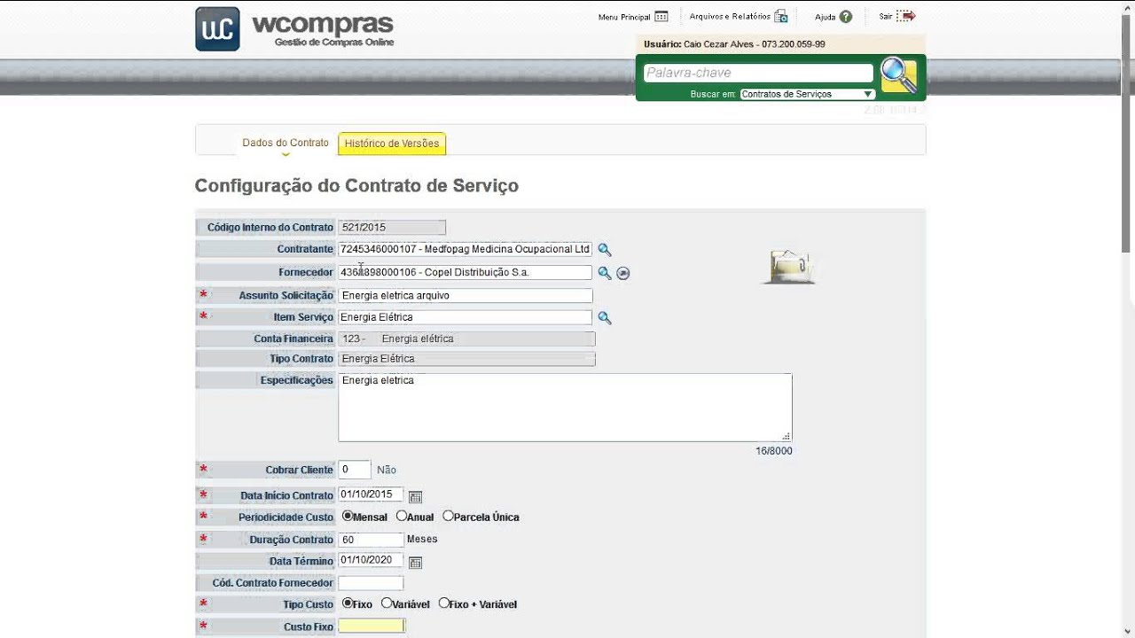02 - Wcompras: Cadastrar Contrato de Serviço 