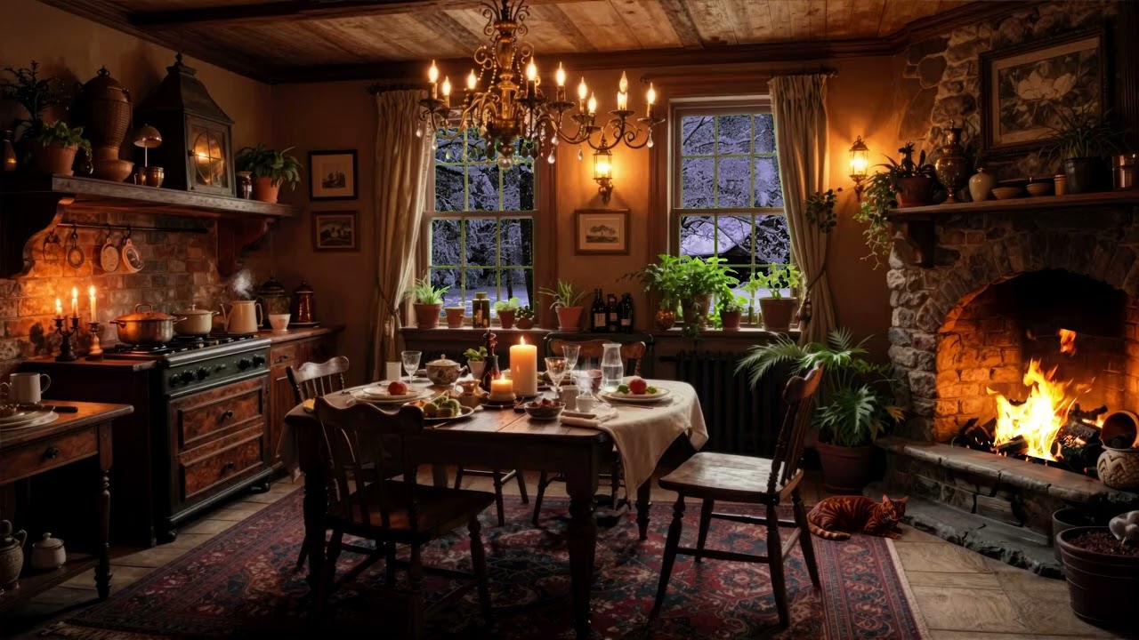 Cozy Kitchen Retreat: Warm Fireplace, Piano and Cello for Relaxation