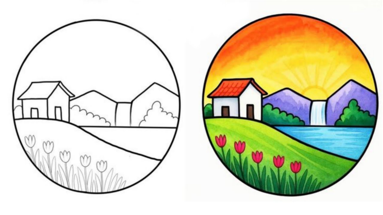Easy Village Scenery Drawing in Circle | Simple Nature Drawing Step by Step 🌄🎨