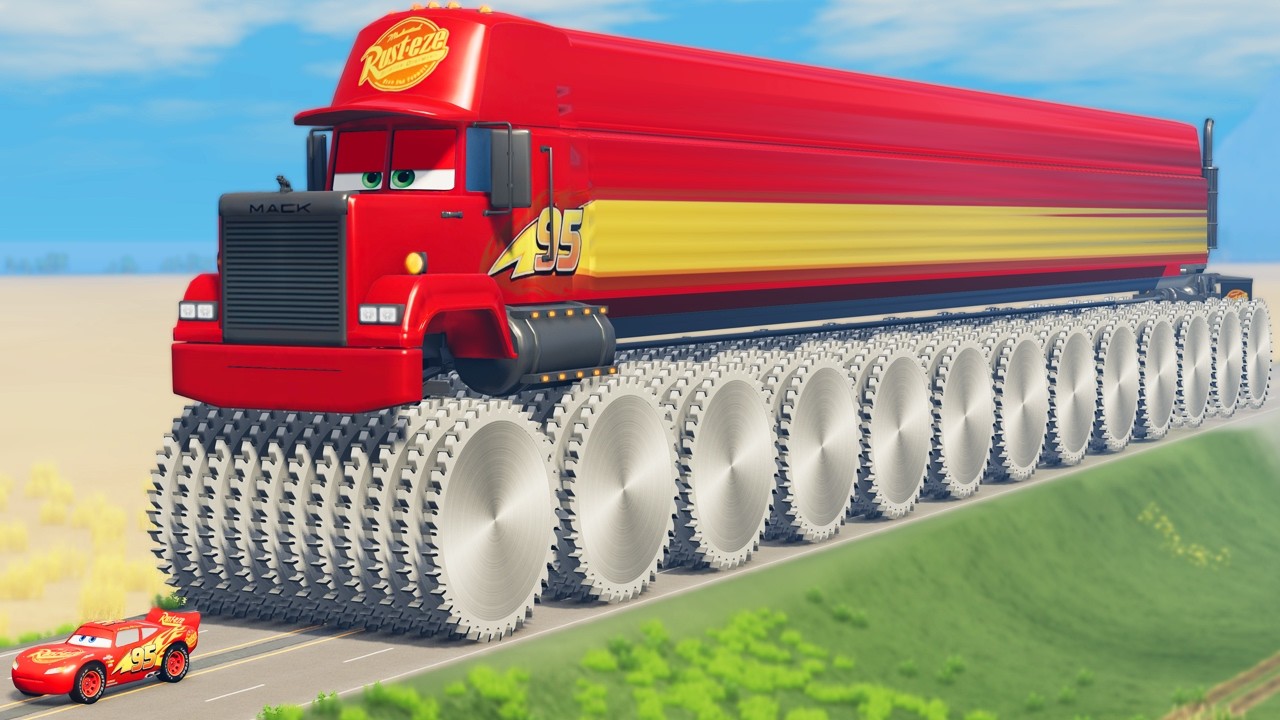 GIANT Long Mack Truck with HUGE Saw Wheels vs Small Lightning McQueen & Obstacles | BeamNG.Drive